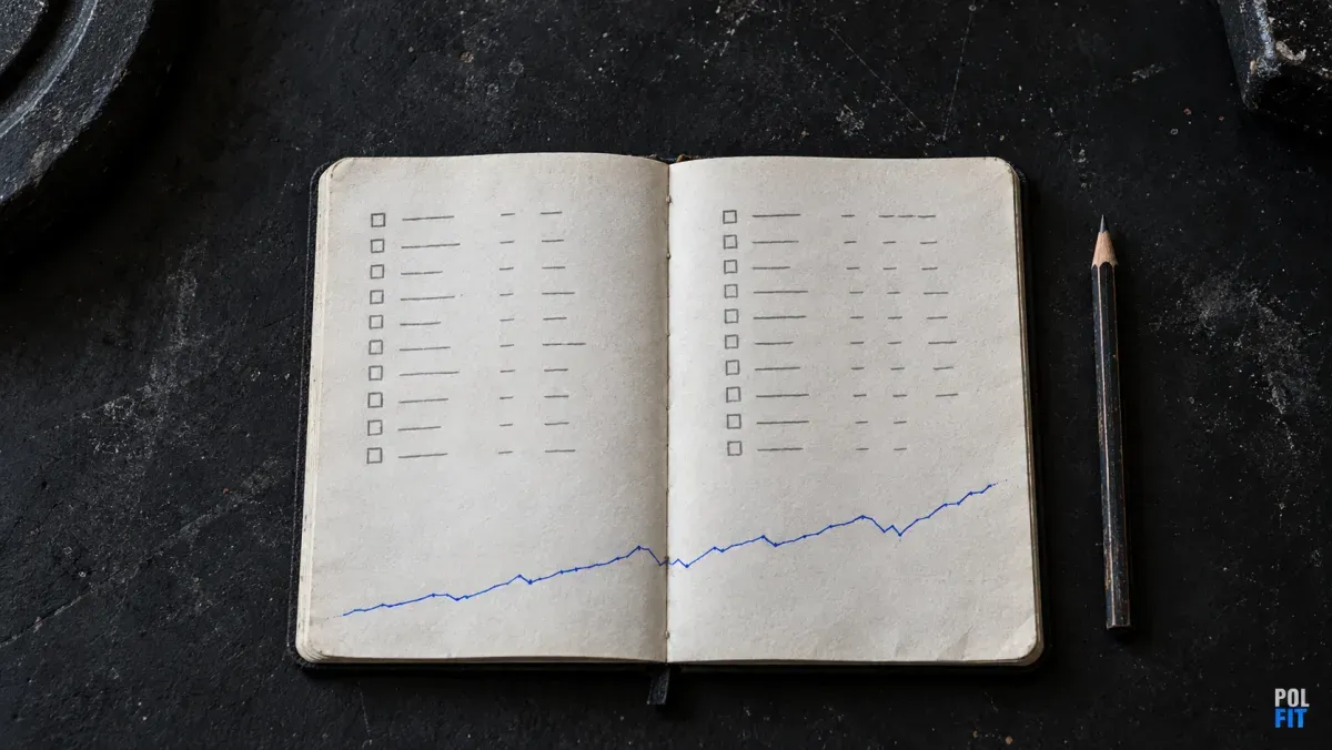 Libreta abierta con listas de ejercicios a lápiz y una línea azul en dientes de sierra que sube, con un lápiz al lado.