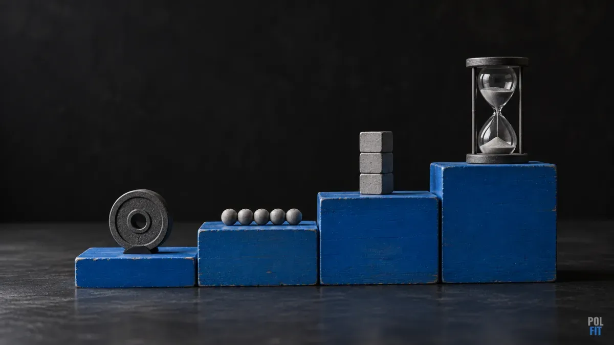 Cuatro escalones azules de madera con un disco de pesas, una fila de bolas, tres bloques apilados y un reloj de arena encima de cada uno.